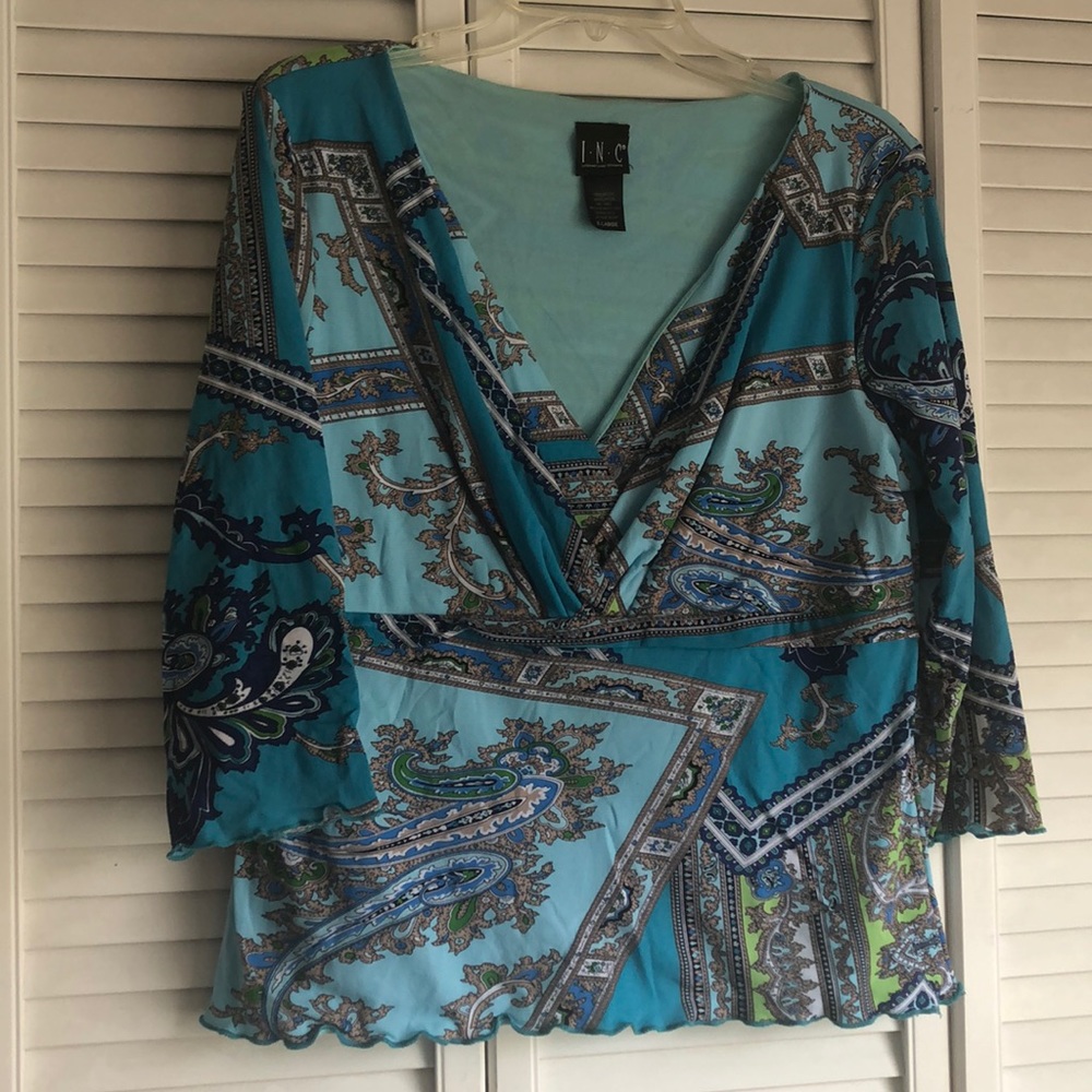 INC  blue v neck wrap effect top